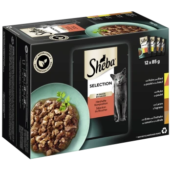 Sheba Katzenfutter-Auswahlpack mit 12 Beuteln à 85g, das eine Schale mit Nassfutter in Sauce mit Fleischstücken und Kräutern zeigt.