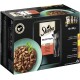 Sheba kattenvoer selectiepack met 12 zakjes van elk 85g, met een kom nat kattenvoer in saus met vleesstukjes en kruiden.