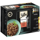 Sheba Katzenfutter-Auswahlpack mit 12 Beuteln à 85g, das eine Schale mit Nassfutter in Sauce mit Fleischstücken und Kräutern zeigt.