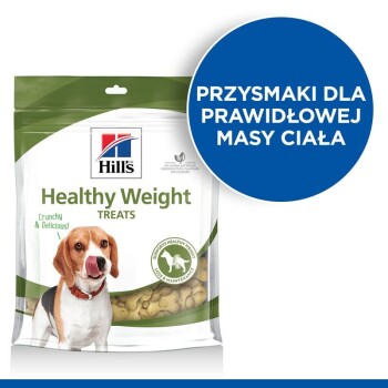Opakowanie przysmaków dla psów Hill's Healthy Weight z beagle, oznaczone "Chrupiące i pyszne" oraz "Przysmaki dla prawidłowej masy ciała."