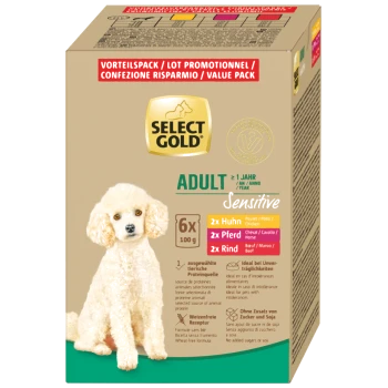 Select Gold Adult Sensitive Hundefutter Vorteilspack mit 6x100g Beuteln, Huhn-, Pferde- und Rindfleischgeschmack, für Hunde über 1 Jahr.