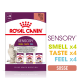 Royal Canin Sensory Katzenfutterverpackung mit einer grauen Katze, die 'GERUCH', 'GESCHMACK' und 'GEBÜHREN' mit 12 Beuteln zu je 85 g hervorhebt.