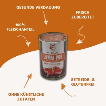 Dose Wildfang Lammpur Haustierfutter, gekennzeichnet als 100% Fleisch, B.A.R.F.-Qualität, getreidefrei, glutenfrei und ohne künstliche Zutaten.