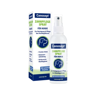 Canosept Zahnpflege-Spray für Hunde, Flasche und Verpackung — sichtbarer Text "ZAHNPFLEGE SPRAY FÜR HUNDE" und "Mit natürlichen Enzymen".