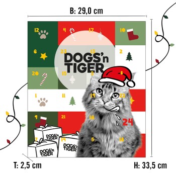 Adventskalender mit einer Katze, die einen Weihnachtsmannhut trägt, mit bunten Kästchen nummeriert von 1 bis 24, und dem Text "DOGS'n TIGER."