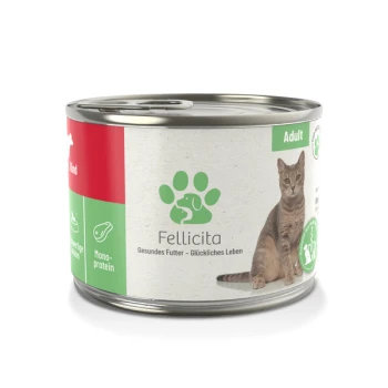 Rind pur 6x 200g Hundefutterdose mit der Aufschrift "Fellicita" und einem Bild einer grauen getigerten Katze, mit den Texten "Adult" und "Gesundes Futter - Glückliches Leben."