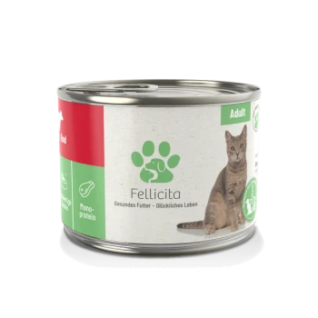 Hundefutterdose mit der Aufschrift "Fellicita" und einem Bild einer grauen getigerten Katze, mit den Texten "Adult" und "Gesundes Futter - Glückliches Leben."
