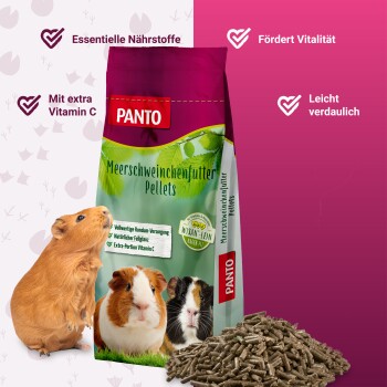 PANTO Kaninchen- und Meerschweinchenfutter-Sack mit einem braunen Meerschweinchen und schwarz-weißen Kaninchen in der Nähe von Pellets. Text: "Fördert Vitalität" und "Leicht verdaulich."