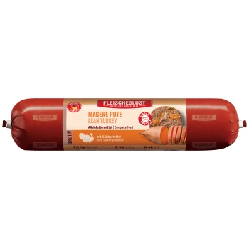 Karma mokra dla psów Sensitiv Adult Indyk 16x400 g Czerwone opakowanie karmy dla zwierząt "Fleischeslust" z "Magere Pute" (Chuda Indyk) i słodkimi ziemniakami, oznaczone jako pełnoporcjowe z 75% mięsa.