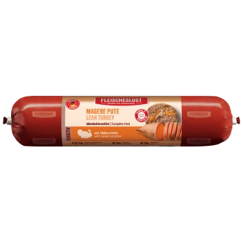 Rote Verpackung von 'Fleischeslust' Haustierfutter mit 'Magere Pute' und Süßkartoffeln, gekennzeichnet als Vollfutter mit 75% Fleisch.