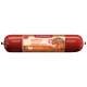 Rote Verpackung von 'Fleischeslust' Haustierfutter mit 'Magere Pute' und Süßkartoffeln, gekennzeichnet als Vollfutter mit 75% Fleisch.