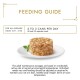 Feeding guide for cats: recommends 2 to 3 cans per day for a 4 kg adult cat, served in 2-3 meals. Includes care instructions.