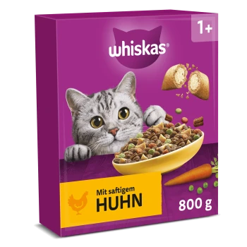 Violette Whiskas Katzenfutterbox mit grauer Katze, die hervorlugt, und Futterschale; sichtbarer Text 'Mit saftigem HUHN', '1+', '800 g'