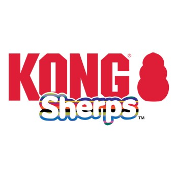 Logo KONG Sherps z wyraźnym czerwonym napisem 'KONG' i kolorowym napisem 'Sherps' w zabawnym stylu, z sylwetką czerwonej zabawki KONG.