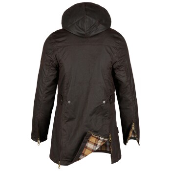 Dunkelbraune gewachste Kapuzenjacke mit kariertem Futter, von hinten gezeigt mit Reißverschlussbündchen und offenem Rückenschlitz.