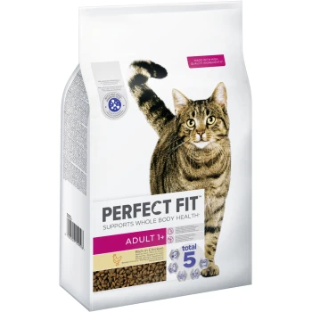 Katzenfuttertüte mit einer getigerten Katze auf der Vorderseite, mit der Aufschrift "Perfect Fit" und "Unterstützt die Gesundheit des gesamten Körpers", "Erwachsene 1+" und "Reich an Huhn."