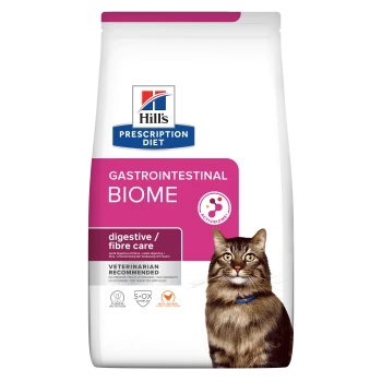 Hill's Prescription Diet Gastrointestinal Biome Katzenfutterbeutel, Verdauungs-/Faserpflege, von Tierärzten empfohlen, abgebildete braun getigerte Katze.