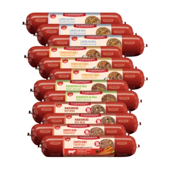 Karma mokra dla psów Classic Adult Asortyment mieszany 12 x 800 g Stos rolek karmy dla zwierząt "Fleischlust" w smakach: Łosoś i Wołowina, Delikatny Drób, Królik i Wołowina, Menu Wołowe oraz Delikatna Wołowina.
