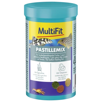 MultiFit Pastillemix fish food for bottom feeding fish with spirulina and vitamins, showing fish and pellets on label.