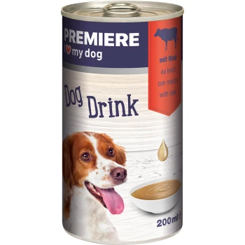 Can of dog drink labeled "PREMIERE I love my dog," with a bowl and droplet, indicating beef in multiple languages. 200ml.