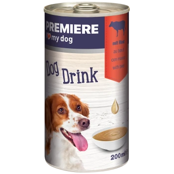 Dose mit Hundetrinklabel "PREMIERE I love my dog," mit einer Schüssel und Tropfen, die Rindfleisch in mehreren Sprachen anzeigt. 200ml.
