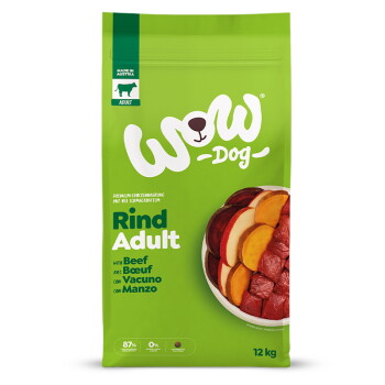 Grüne 'WOW Dog'-Tüte mit Aufschrift 'Rind Adult' Rind-Trockenfutter, hergestellt in Österreich, 12 kg, Logo mit Hundegesicht und Napf mit Rindfleischscheiben