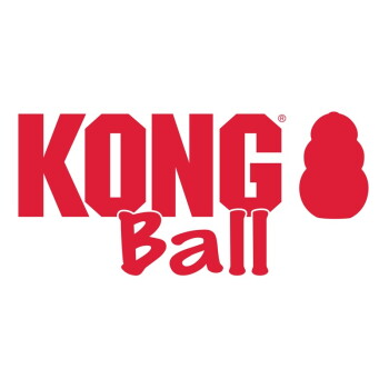 Logo czerwonej piłki KONG: pogrubiony napis KONG, poniżej pisany 'Ball' i po prawej czerwona sylwetka trzyczęściowej zabawki.
