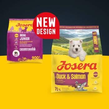 Josera Mini Junior und Duck & Salmon Trockenfutterbeutel für Hunde mit neuem Designetikett und Produktdetails auf gelbem Hintergrund.