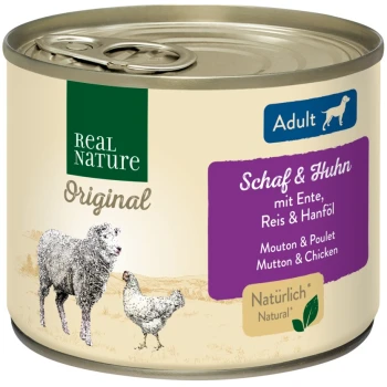 Dosenfutter für Hunde mit der Bezeichnung "Real Nature Original", das Lamm und Huhn enthält, mit Illustrationen eines Schafes und eines Huhns sowie Texten in Deutsch und Französisch.