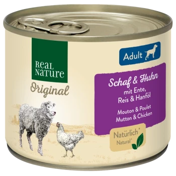 Nourriture pour chiens en conserve étiquetée "Real Nature Original" avec de l'agneau et du poulet, avec des illustrations d'un mouton et d'un poulet, et du texte en allemand et en français.
