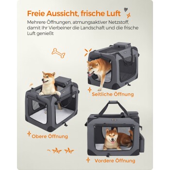 Hundetransportbox mit mehreren Öffnungen, in der Shiba Inu Hunde zu sehen sind. Der Text hebt "Freie Aussicht, frische Luft" und Öffnungsoptionen hervor.