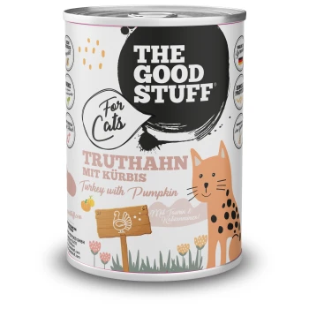 Dose Katzennahrung mit der Aufschrift „THE GOOD STUFF Für Katzen“ und „Truthahn mit Kürbis“, mit einer Illustration einer orangefarbenen Katze.