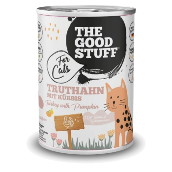 Dose Katzennahrung mit der Aufschrift „THE GOOD STUFF Für Katzen“ und „Truthahn mit Kürbis“, mit einer Illustration einer orangefarbenen Katze.