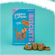 Edgard Cooper Bravo Kekse Box mit Cartoon-Hunden, mit Lachs- und Hühnergeschmack. Text lautet 'Kein Zuckerzusatz. Ja, wirklich.'
