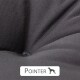 Nahaufnahme eines dunkelgrauen Hundebetts mit strukturiertem Stoff, beschriftet mit "POINTER" und einer Silhouette eines Hundes unter dem Text.