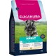 Eukanuba Adult Hundefutterbeutel für kleine Rassen unter 10 kg, reich an frischem Huhn, mit einem Schnauzer auf grünem Gras im Hintergrund.