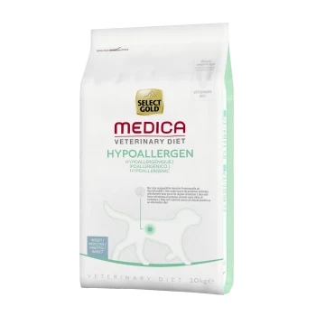 Select Gold Medica Veterinärdiät hypoallergen Hundefuttertüte, 10 kg, mit einem grünen Etikett und Symbolen, die auf Insektenproteinquelle hinweisen.