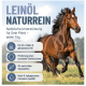 Behälter mit REAVET Leinöl Naturrein für Pferde, mit einer Grafik eines galoppierenden Pferdes und Nährwertangaben an der Seite.