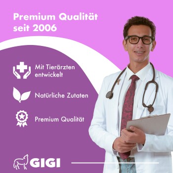Tierarzt mit Stethoskop und Klemmbrett vor rosa Hintergrund; Text „Premium Qualität seit 2006“, tierärztlich entwickelt, natürliche Inhaltsstoffe, GIGI-Logo