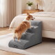 Corgi klettert die grauen, strukturierten Haustiertreppen neben dem Bett hinauf; Etikett 'feandrea' sichtbar.