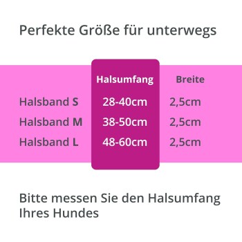 Größentabelle für Hundehalsbänder auf Deutsch, die die Größen S, M und L mit Halsumfang und Breitenmessungen detailliert.