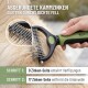 Eine Person bürstet einen glücklichen Corgi mit einem Pflegewerkzeug, mit dem Text: "Innenliegende Mikromesser lösen Knoten" und "Wohltuender Massageeffekt."