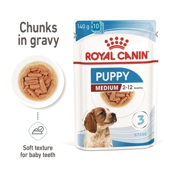 Royal Canin Puppy food pouch for medium breeds, featuring chunks in gravy, suitable for puppies aged 2-12 months.