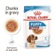 Royal Canin Puppy food pouch for medium breeds, featuring chunks in gravy, suitable for puppies aged 2-12 months.
