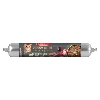 Fleischeslust 'Pussy Deluxe' Lamm-Mousse Katzenfutter-Tube, Single-Protein, Alleinfuttermittel, orange-getigerte Katze auf dem Etikett