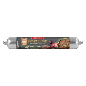 Fleischeslust 'Pussy Deluxe' Lamm-Mousse Katzenfutter-Tube, Single-Protein, Alleinfuttermittel, orange-getigerte Katze auf dem Etikett