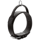 Schwarzes Leder-Haustierhalsband mit einem silbernen Metallring und verstellbarem Schnallenverschluss, das ein elegantes und langlebiges Design zeigt.