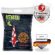 Tüte KENKOU Power-Mix Koi-Futter mit Koi-Abbildung und Pellets; Schilde mit der Aufschrift STANDARD und MADE IN GERMANY.