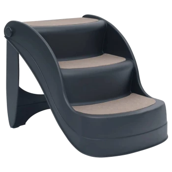 Schwarze Haustiertreppe mit drei Stufen und beigen rutschfesten Tritten, entworfen, um Haustieren zu helfen, höhere Oberflächen zu erreichen.
