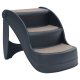Schwarze Haustiertreppe mit drei Stufen und beigen rutschfesten Tritten, entworfen, um Haustieren zu helfen, höhere Oberflächen zu erreichen.